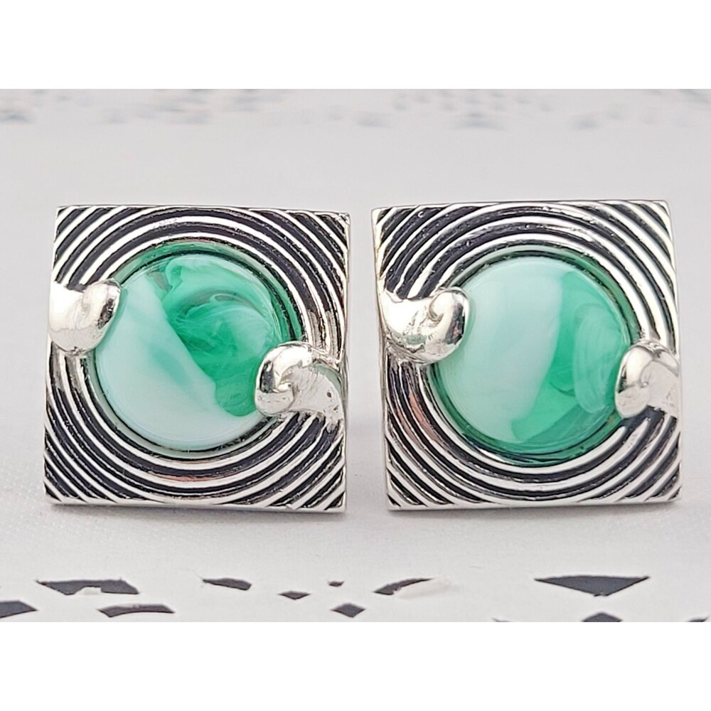 Mid Century Modern Signed Swank Green White Marbled Lucite Cufflinks Silver Tone